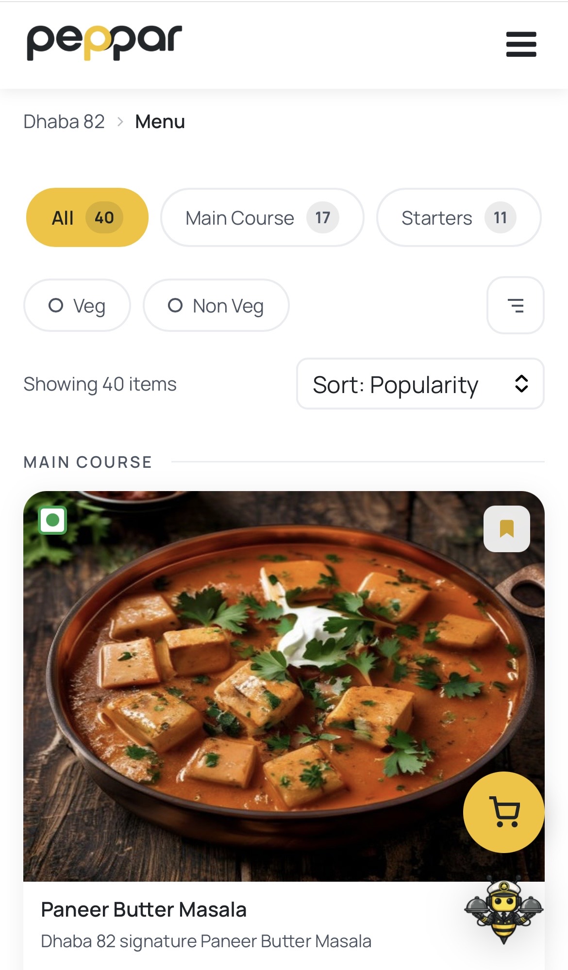 Peppar branded guest ordering experience on mobile