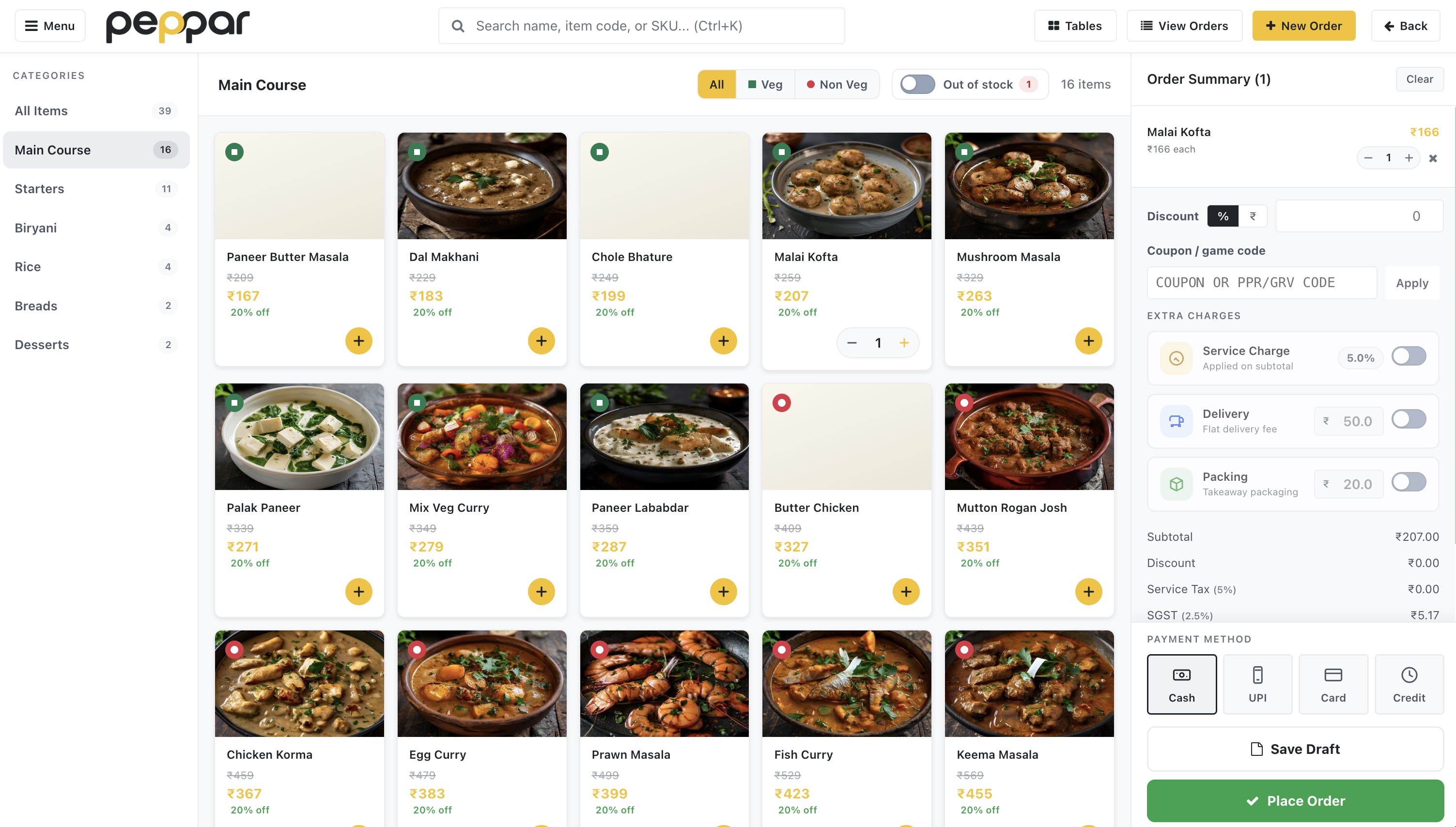 Peppar POS billing interface on desktop